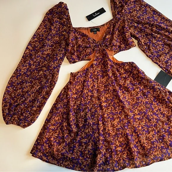 Lulus Dress Size Medium Purple Orange Floral Cutout Tie Front Balloon Sleeve - Picture 2 of 13